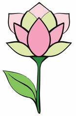 A minimalist vector illustration of a pink and light green lotus flower with a green stem and leaf, embodying beauty and tranquility.