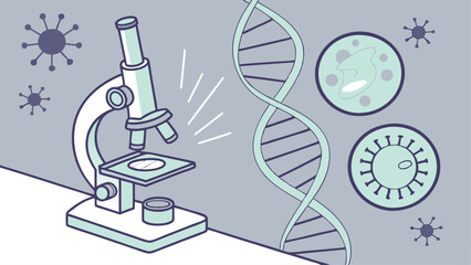DNA Test with Microscope – Vector Science Illustration Genetic Testing and Microscope – Adobe Illustrator Art DNA Analysis Process in Lab – Flat Vector Design