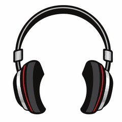 A stylized vector illustration of over-ear headphones with black earcups featuring red and silver accents, connected by a black headband.