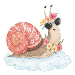 Cute Sea Animals in Hawaiian Outfits on a Cloud Sunglasses  Summer Flowers Clipart Watercolor 