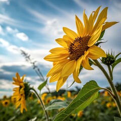 A vibrant yellow sunflower blooms in a field under a bright blue sky with clouds