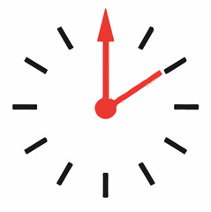 A minimalist vector illustration of a clock face with black hour markers and two red hands pointing towards the 12 and 2 o'clock positions, indicating 2:00.