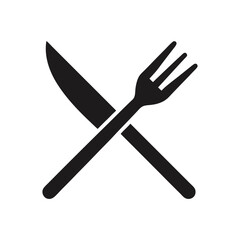 Simple black and white vector icon of crossed fork and knife