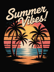 Obraz premium Summer Vibes Retro Sunset Beach Scene with Palm Trees