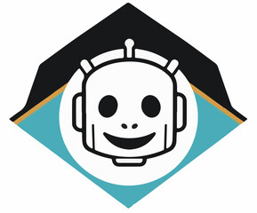 A vibrant vector emblem with a white robot head centered in a blue and black diamond shape, accented with orange details, suggesting artificial intelligence.
