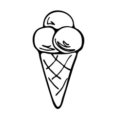 Hand drawn ice cream balls in waffle cone, doodle sketch isolated on white. Black and white line drawing of three gelato scoops. Vector clipart for graphic design and print.