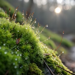 Water droplets cling to vibrant green moss in a natural setting