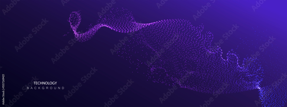 Poster technology artificial intelligence particles banner. big ai data stream waves neon purple and blue b