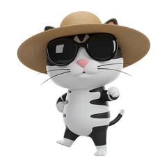 Cute Cartoon Cat Wearing Sunglasses and Straw Hat