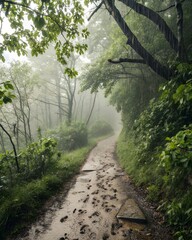 Muddy trail winds through a misty forest with lush green foliage and footprints
