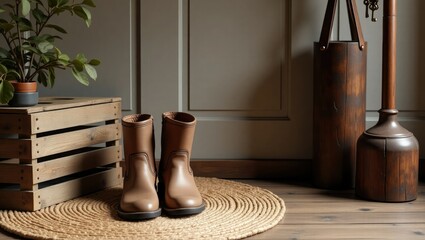 Stylish brown leather ankle boots are displayed on a round jute rug next to wooden crates and a wooden bucket with keys
