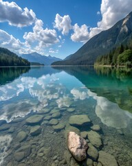 Mountains reflect in a clear turquoise lake with rocks visible underwater