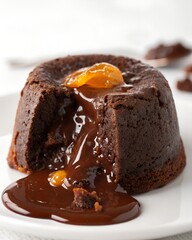 Molten chocolate lava cake with orange garnish isolated on white background