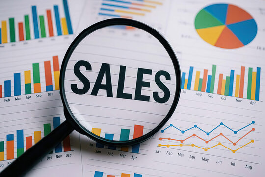 Sales data analysis, understanding market, trends and performance, magnifying glass focusing word SALES, surrounded by various colorful graphs and charts that represent