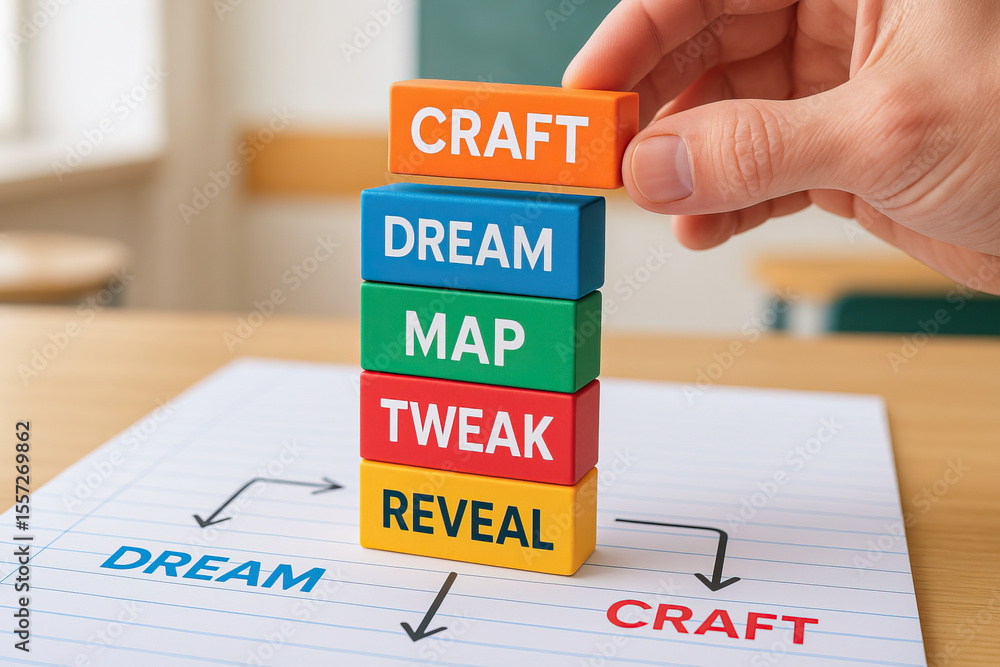 Poster building tower of colorful blocks with words representing different concepts can inspire creativity 