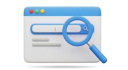 a vibrant, three-dimensional rendering of a web browser window with a prominent search bar and a magnifying glass