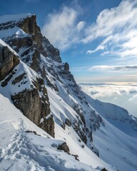 Snow covered mountain peak rises dramatically against a blue sky with scattered clouds