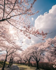 Cherry blossom trees line a path under a blue sky with fluffy clouds