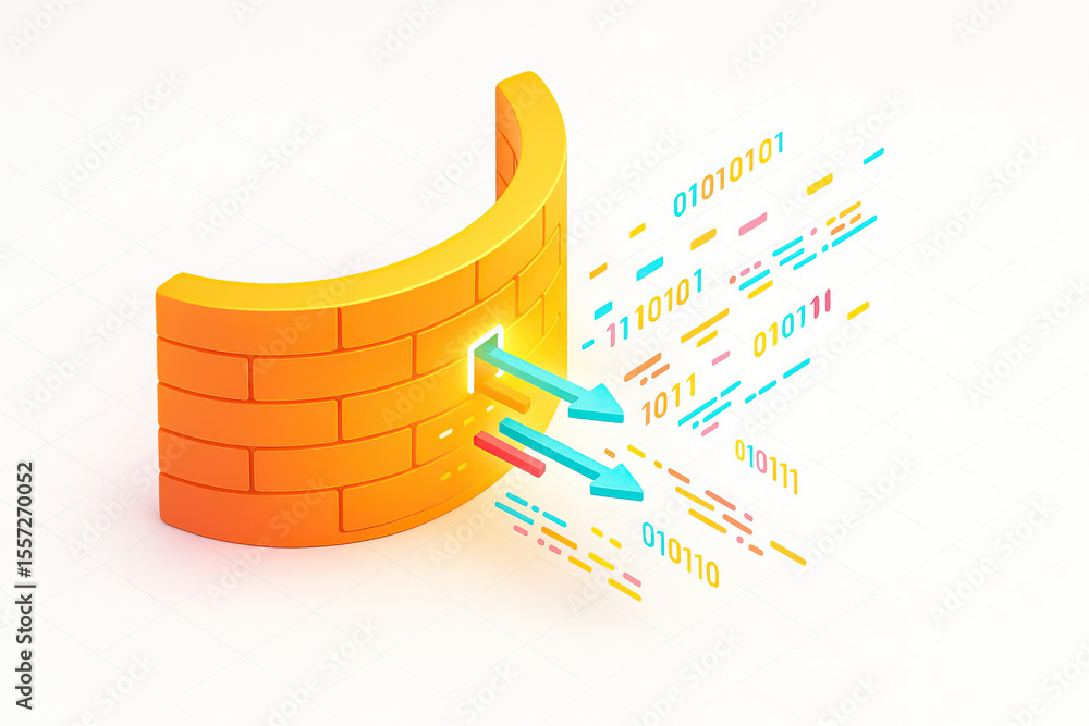 Poster colorful 3d illustration of firewall represented by curved brick wall, with arrows indicating data f
