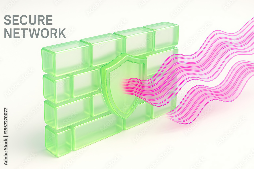 Poster digital representation of secure network, featuring stylized green wall with shield symbol center. w
