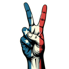 Patriotic hand showing peace sign, colored with a flag, with space for text
