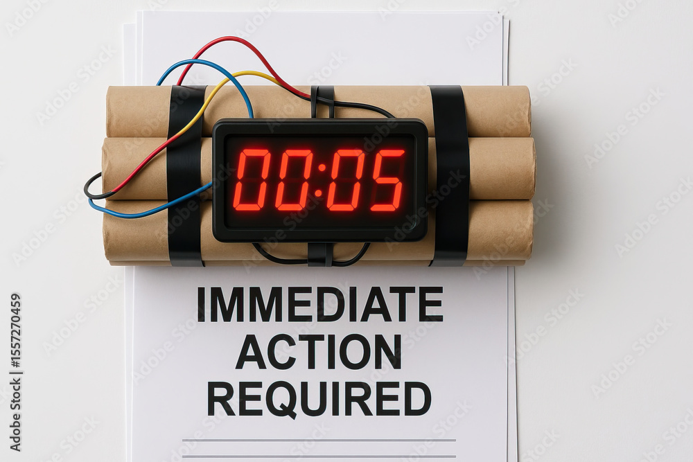 Aufkleber explosive device with timer on paper marked immediate action required creates sense of urgency and t