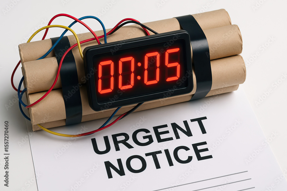 Aufkleber explosive device with digital timer showing five seconds, surrounded by wires, placed on notice pape