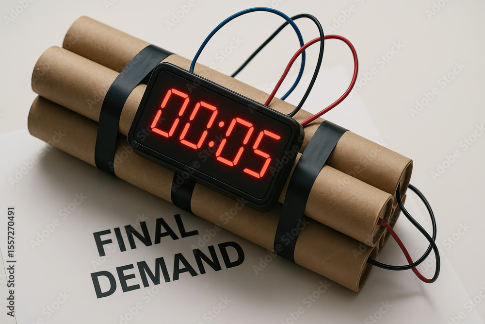 Aufkleber explosive device with timer showing five seconds, made of cylindrical tubes wrapped in brown paper, 