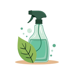 Green spray bottle with leaf, for eco cleaning with space for text