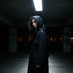 Naklejka premium A young woman in a dark coat and hood stands in a dimly lit, urban, underground space.