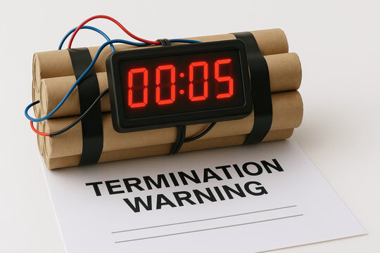 Timer counts down to zero on detonator connected to wrapped explosives, placed on document labeled Termination Warning. scene conveys urgency and tension