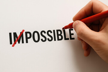 Hand crossing out word impossible, replacing it with possible, symbolizing motivation and positivity in overcoming challenges