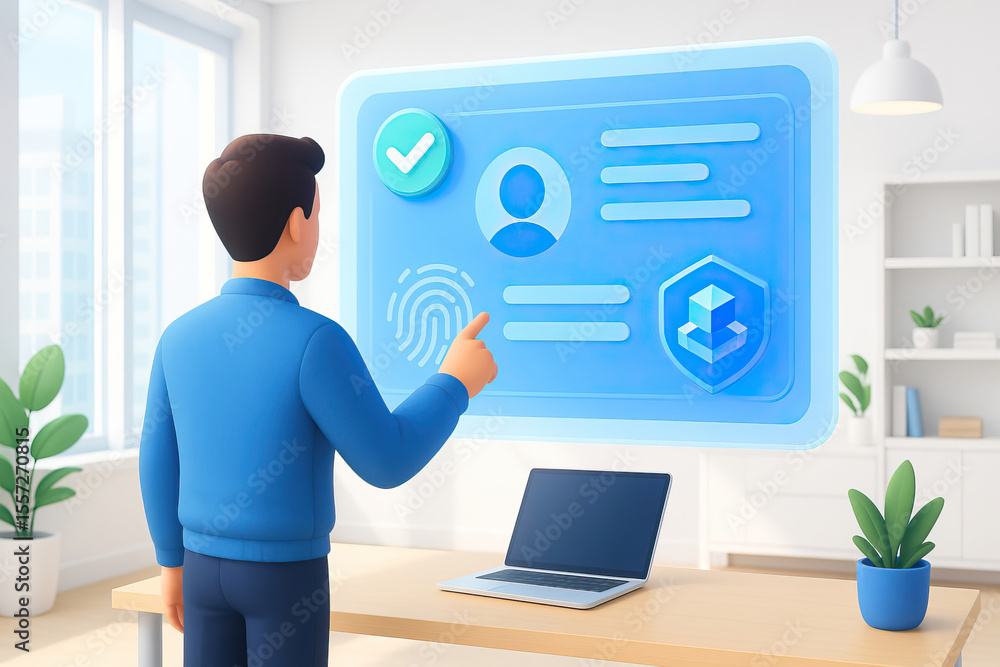 Aufkleber person interacts with digital interface displaying user information, including fingerprint and icons