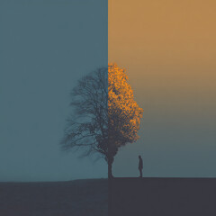 Solitary figure contemplates a split tree bathed in contrasting light silhouette person