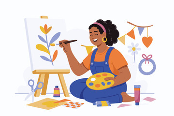 Joyful Female Artist Painting on Canvas with Craft Supplies – Flat Vector Illustration