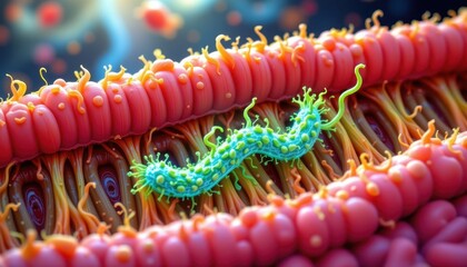 microscopic view of bifidobacterium bifidum attaching to intestinal villi, showing health promoting action, scientific digital illustration