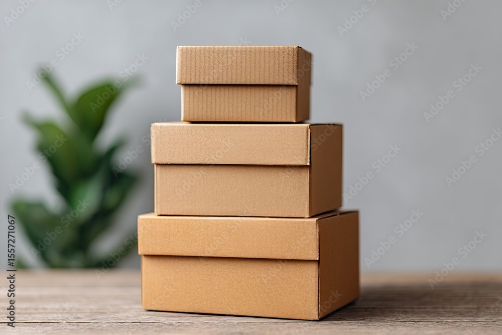 Poster neatly arranged cardboard boxes stacked on wooden surface, creating cozy and organized atmosphere. b