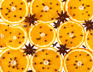 op View of Orange Slices with Cloves and Star Anise in Decorative Layout, Transparent PNG.