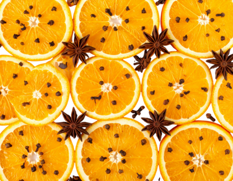 op View of Orange Slices with Cloves and Star Anise in Decorative Layout, Transparent PNG.