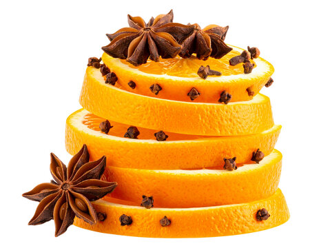 Stacked Orange Wheels with Clove Studs and Anise Accents, Side Angle Cutout.