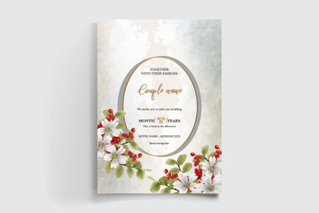 WEDDING INVITATION FRAME WITH FLOWER DECORATIONS AND FRESH LEAVES