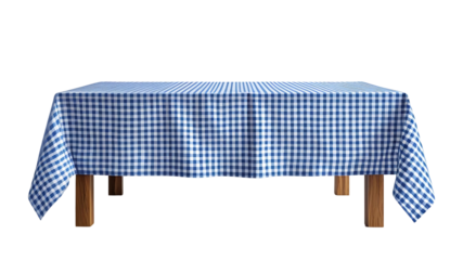 Empty wooden table with blue gingham tablecloth isolated on transparent background