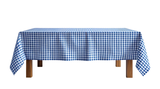 Empty wooden table with blue gingham tablecloth isolated on transparent background