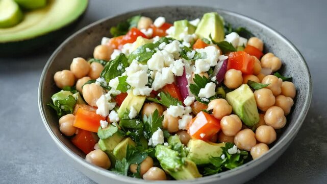 Close up of a healthy and colorful vegetarian chickpea salad with avocado, tomato, spinach, red onion, cumin, olive oil and lemon juice. Served in a bowl. Perfect for a light lunch or side dish.