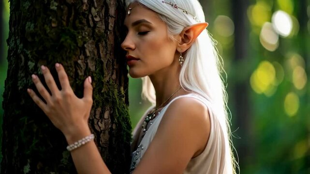Mystical elf woman with white hair embracing textured tree trunk in a lush green forest, fantasy creature with pointed ears feeling nature connection
