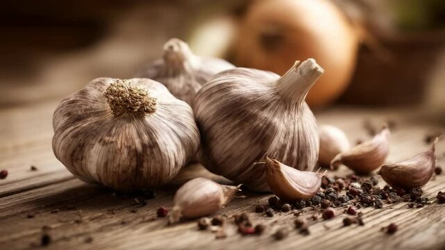 Garlic and Onion Composition on Rustic Wooden Table Top for Culinary Concepts