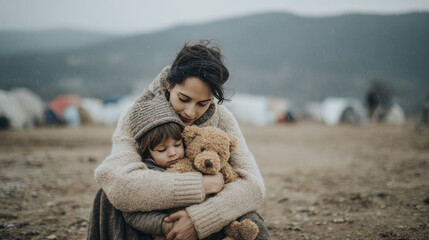 Young woman warmly hugging her little son holding teddy bear outdoors in cold weather