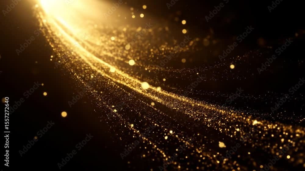 Poster abstract golden particle stream flowing on black background with bright light and sparkles