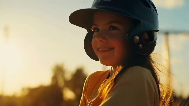 Sunset Baseball: Young Girl Batting at Golden Hour