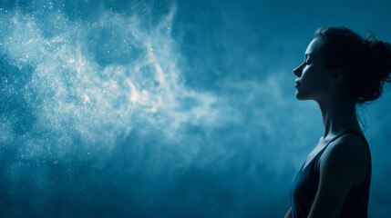 Silent woman deep meditation with closed eyes in blue misty atmosphere feeling calm